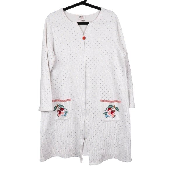 Mary Engelbreit DreamWear Quilted Robe L Women White Polka Dot Zip Cherry Pocket - Picture 1 of 8